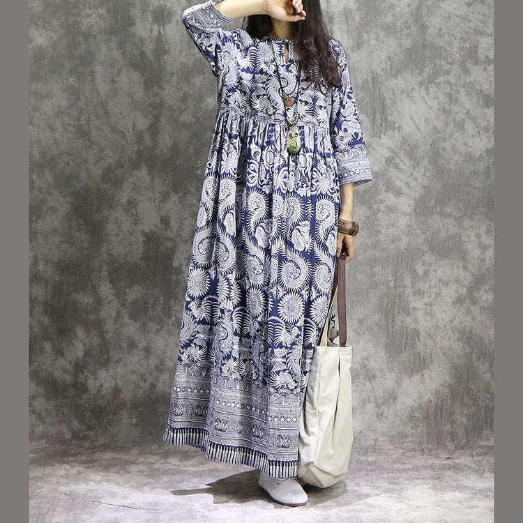 French prints linen cotton clothes For Women plus size Neckline blue Maxi Dress summer - Omychic