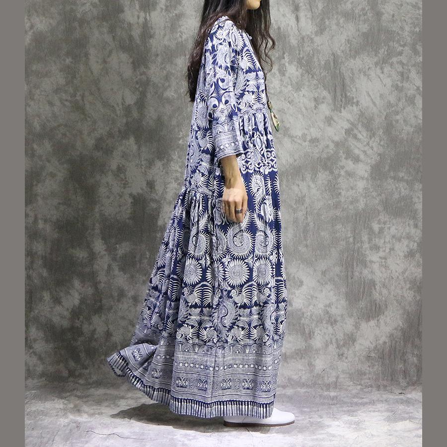 French prints linen cotton clothes For Women plus size Neckline blue Maxi Dress summer - Omychic