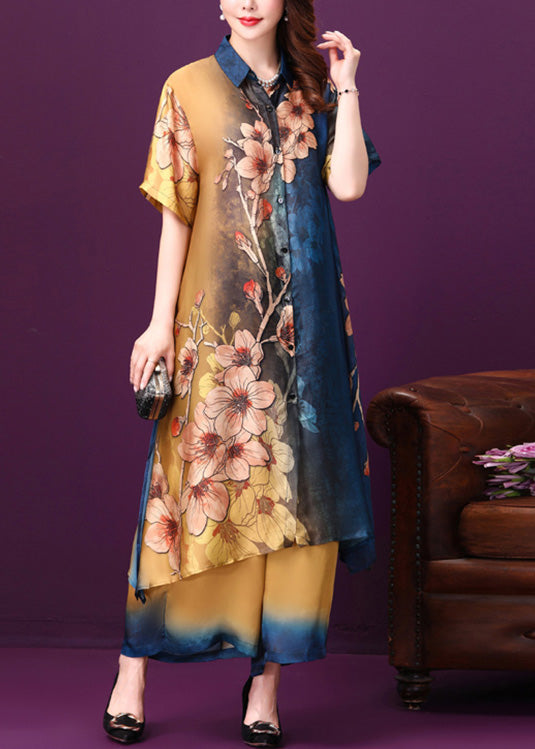 Gradient Color Blue Side Open Button Silk Long Shirts And Wide Leg Pants Half Sleeve