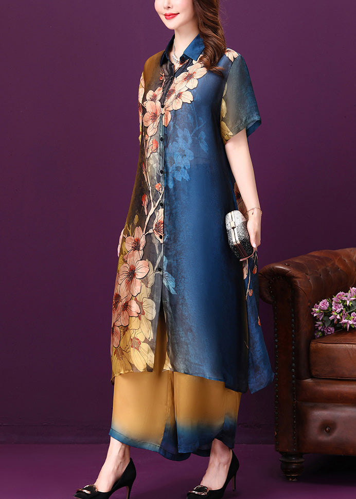 Gradient Color Blue Side Open Button Silk Long Shirts And Wide Leg Pants Half Sleeve