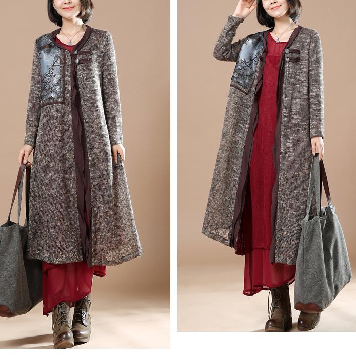 Gray patchwork long sweater coats plus size cardigans orignal design - Omychic