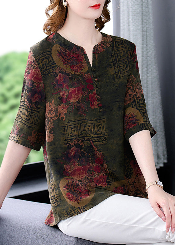 Green O-Neck Button Silk T Shirts Summer
