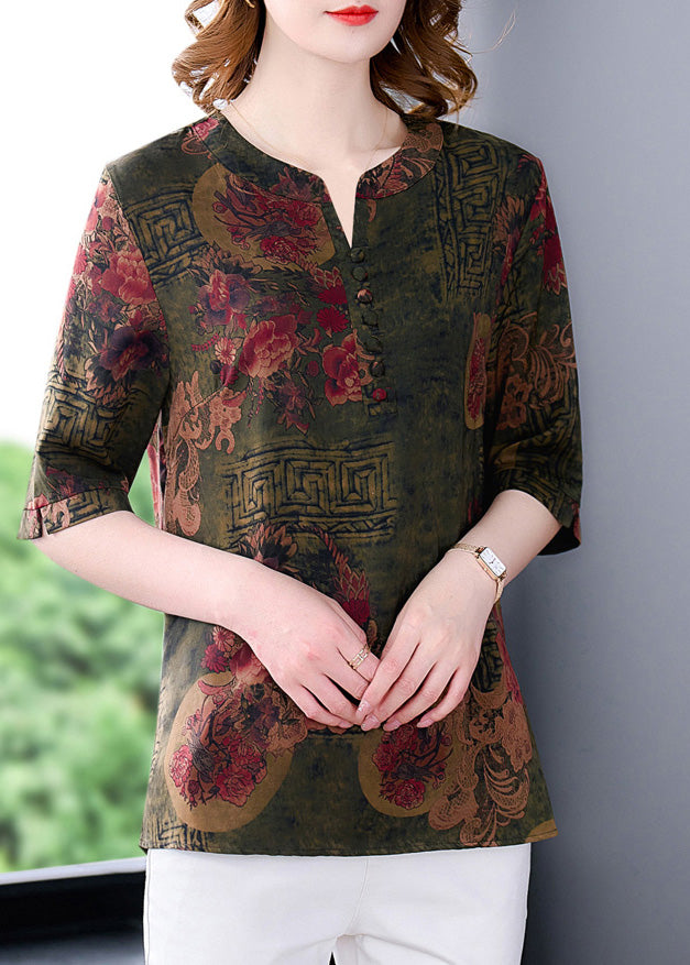 Green O-Neck Button Silk T Shirts Summer