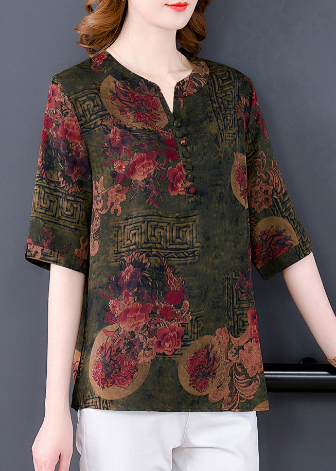 Green O-Neck Button Silk T Shirts Summer