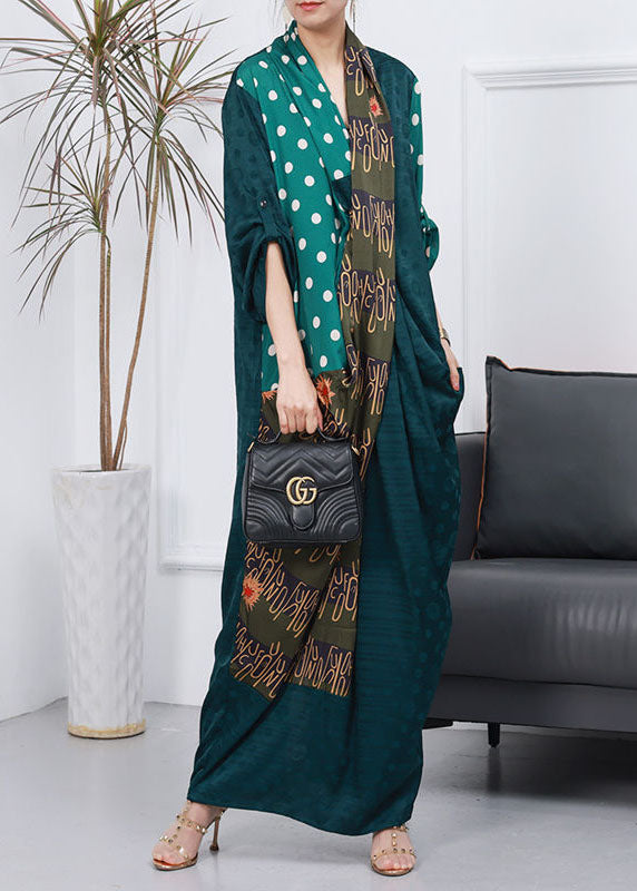 Green Patchwork Silk Ankle Dresses V Neck Wrinkled Spring