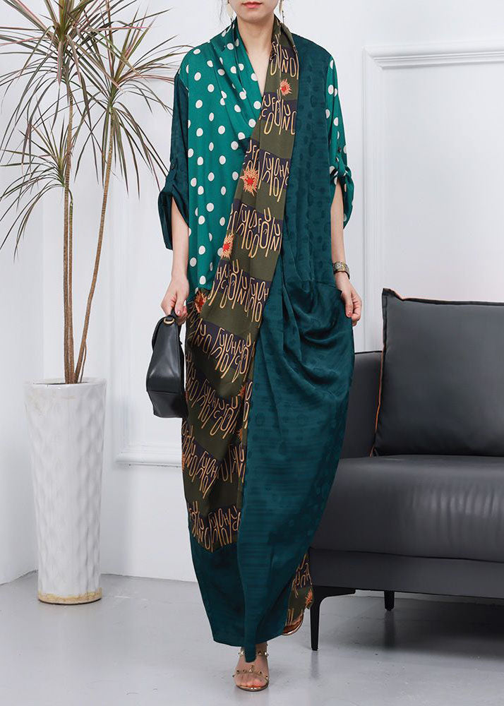 Green Patchwork Silk Ankle Dresses V Neck Wrinkled Spring