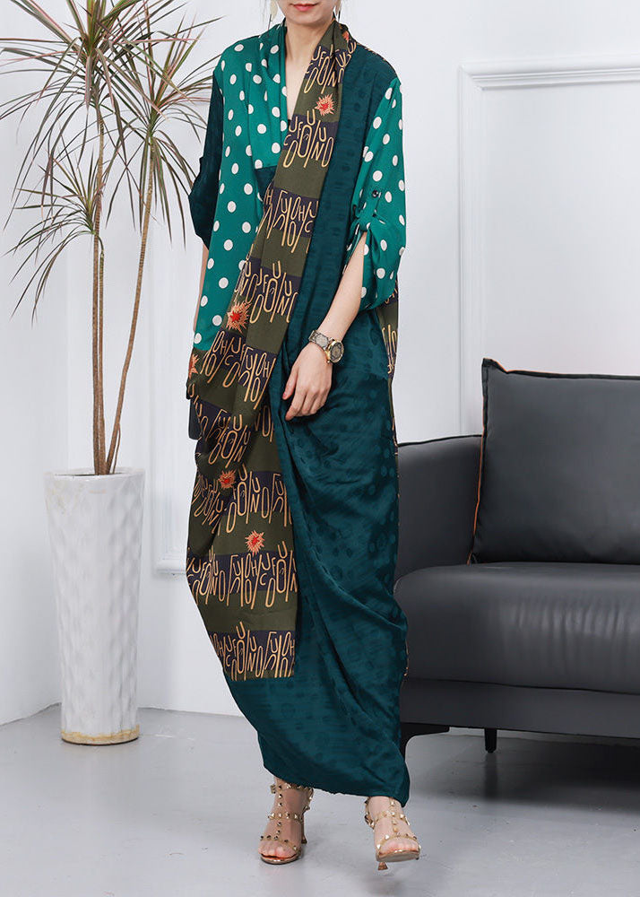 Green Patchwork Silk Ankle Dresses V Neck Wrinkled Spring