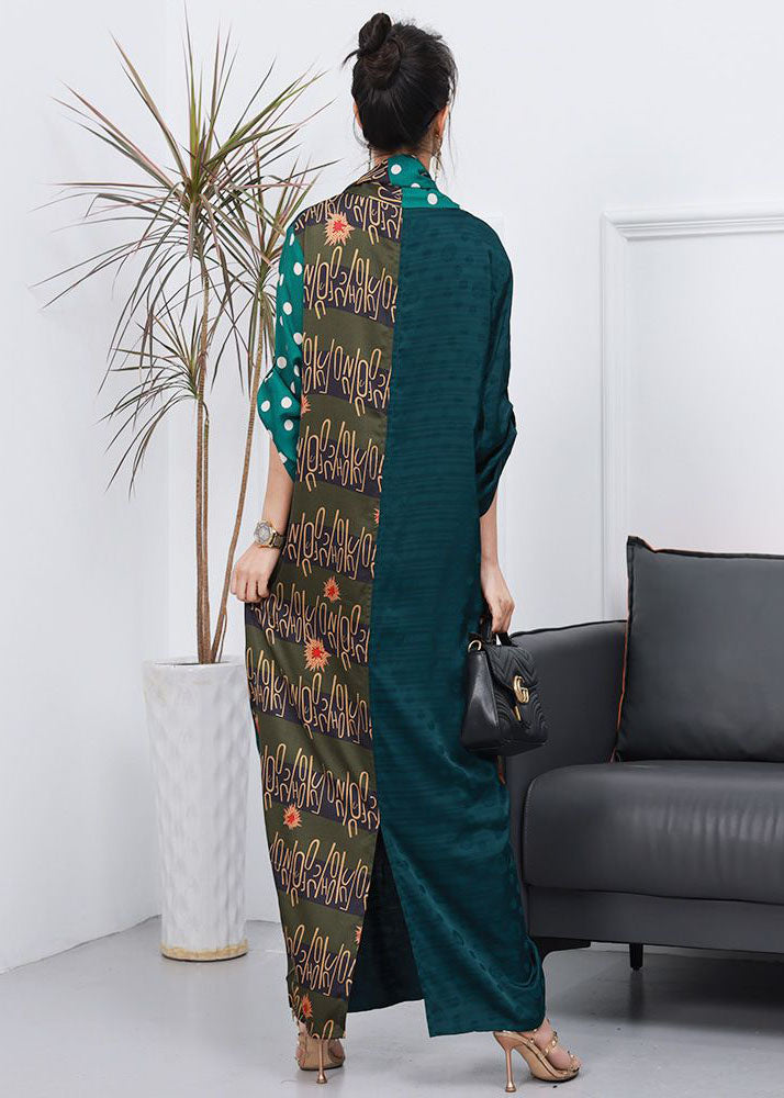Green Patchwork Silk Ankle Dresses V Neck Wrinkled Spring