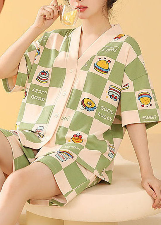 Green Plaid Patchwork Cotton Pajamas Two Pieces Set V Neck Summer