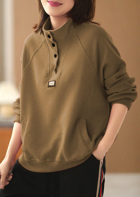 Green Pockets Cotton Pullover Streetwear Stand Collar Oversized Long Sleeve