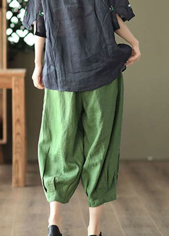 Green Pockets Linen Crop Pants Embroideried Summer