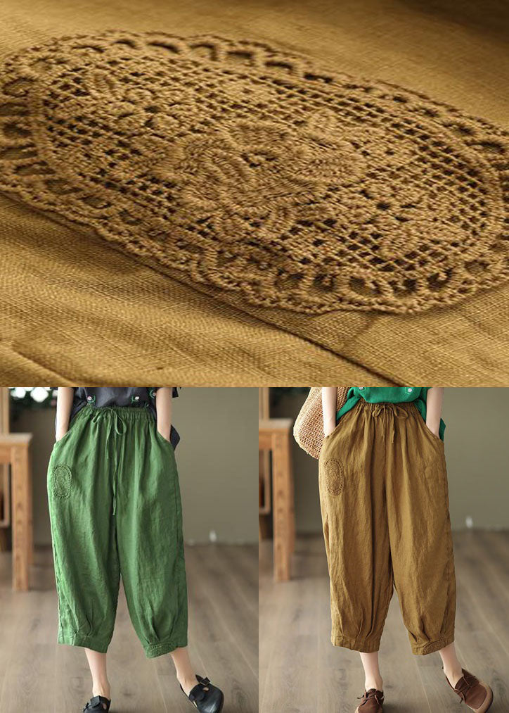 Green Pockets Linen Crop Pants Embroideried Summer