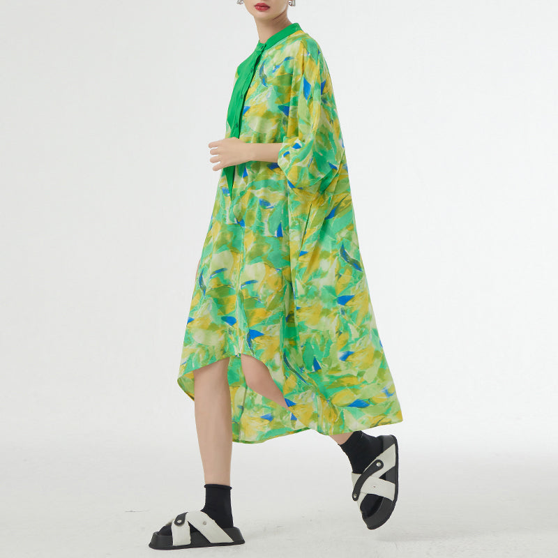 Green Print Button Patchwork Cotton Dresses Low High Design Summer