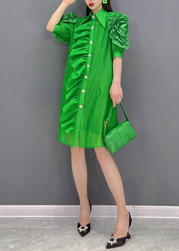Green Ruffles Button Chiffon Top Short Sleeve