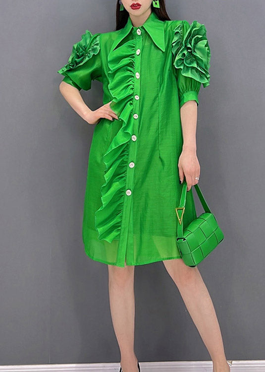 Green Ruffles Button Chiffon Top Short Sleeve