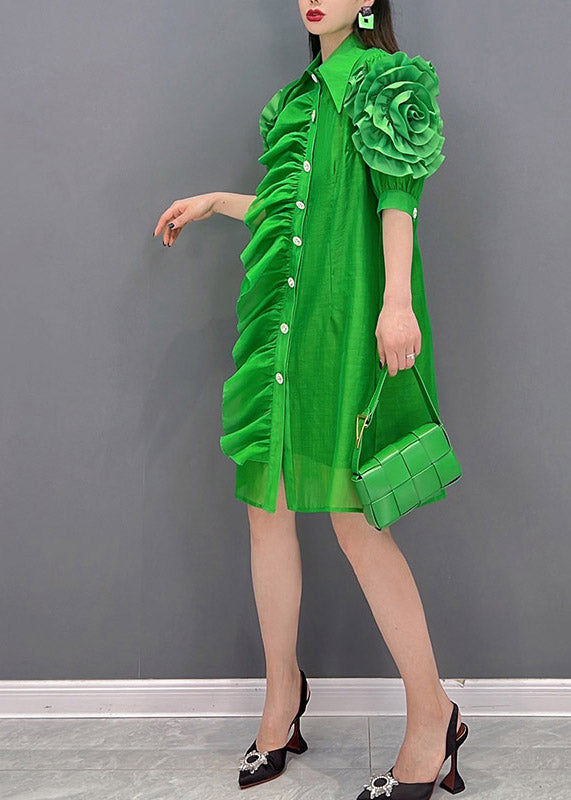 Green Ruffles Button Chiffon Top Short Sleeve
