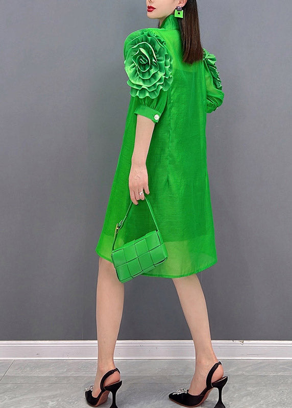 Green Ruffles Button Chiffon Top Short Sleeve