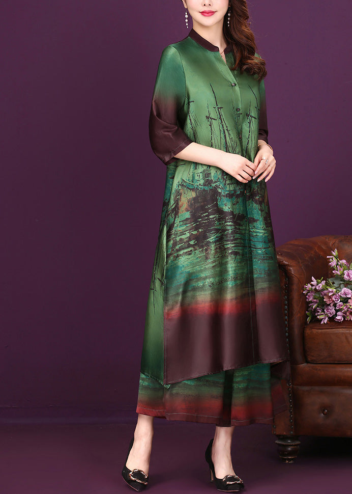 Green Side Open Button Silk Long Shirts And Wide Leg Pants Two Pieces