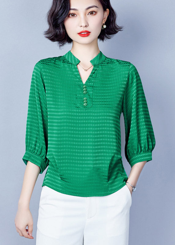 Green V Neck Button Chiffon Shirt Half Sleeve
