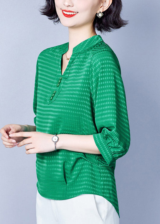 Green V Neck Button Chiffon Shirt Half Sleeve