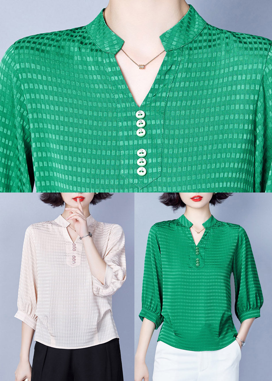 Green V Neck Button Chiffon Shirt Half Sleeve