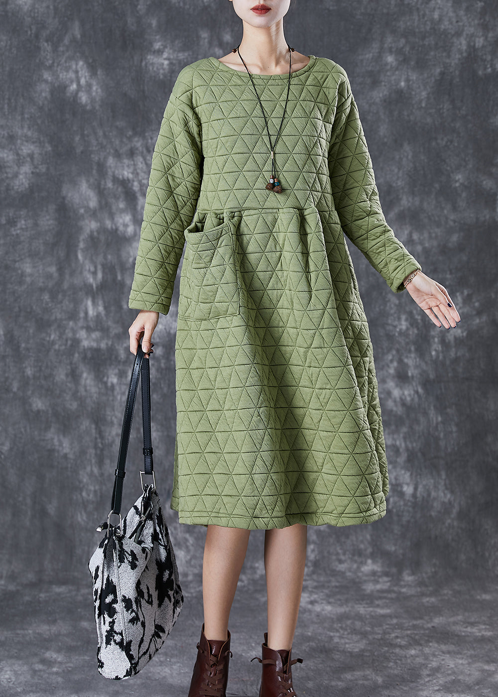 Green Warm Fine Cotton Filled Holiday Dress Winter