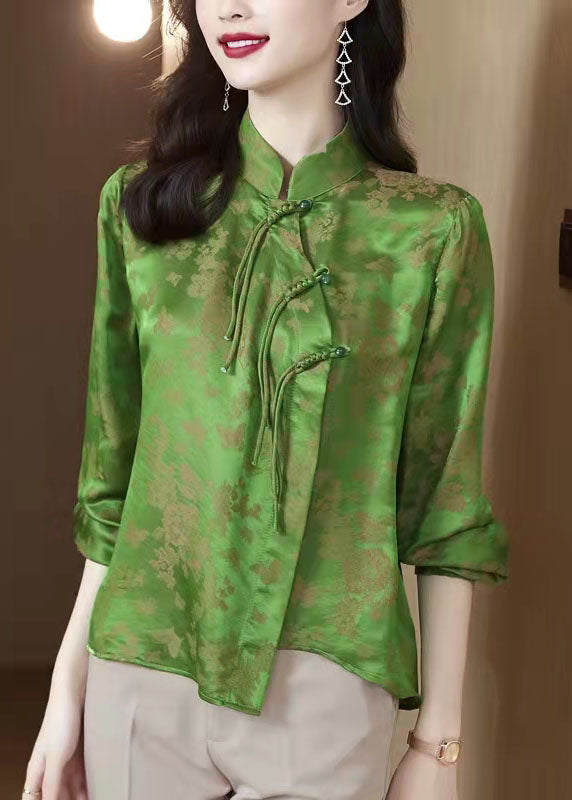 Green Stand Collar Side Open Jacquard Silk Top Long Sleeve