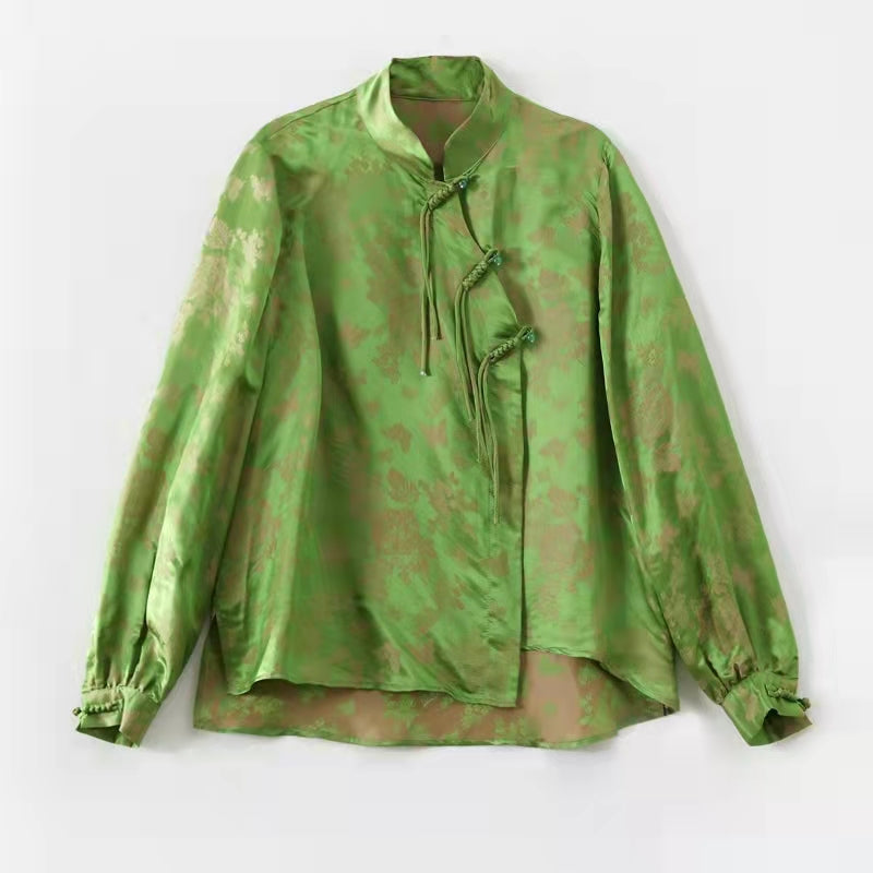 Green Stand Collar Side Open Jacquard Silk Top Long Sleeve