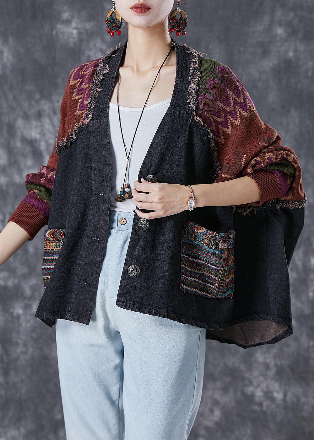 Handmade Black Oversized Patchwork Knit Denim Jackets Fall