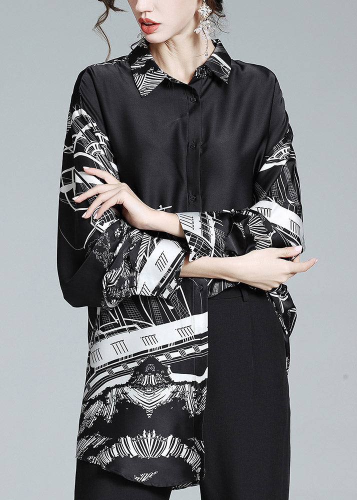 Handmade Black Peter Pan Collar Print Button Silk Shirts Long Sleeve