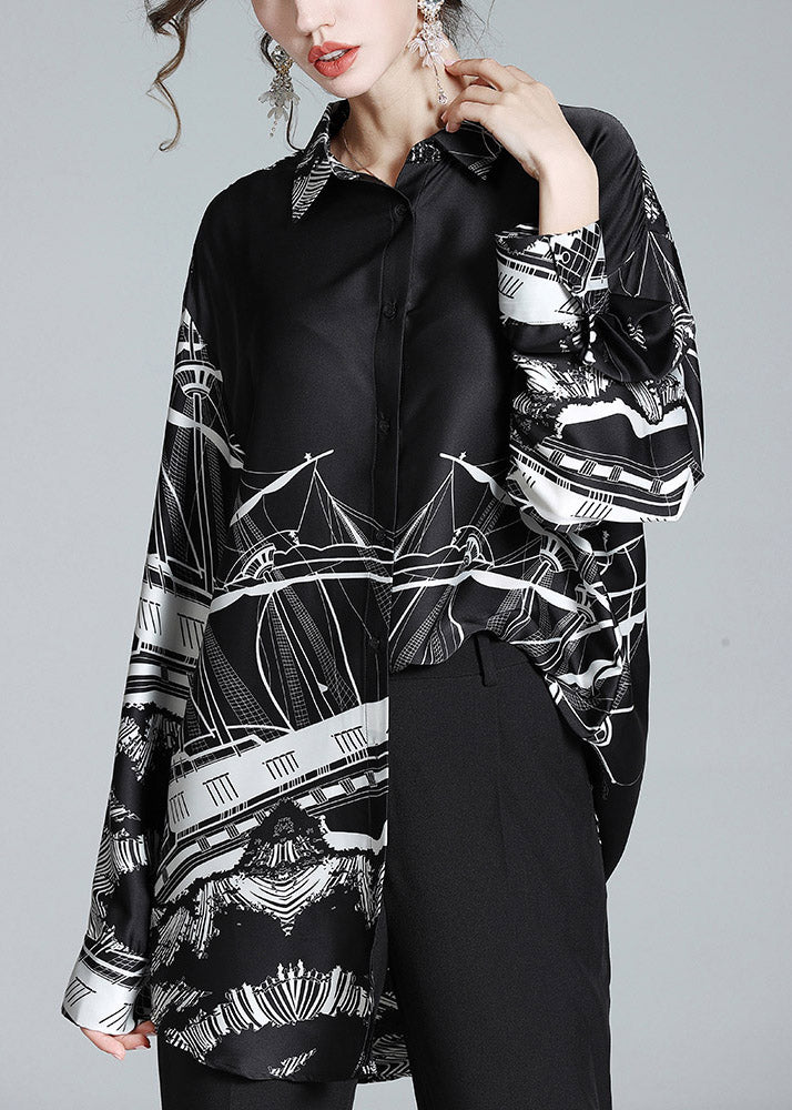 Handmade Black Peter Pan Collar Print Button Silk Shirts Long Sleeve