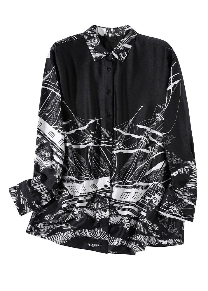 Handmade Black Peter Pan Collar Print Button Silk Shirts Long Sleeve
