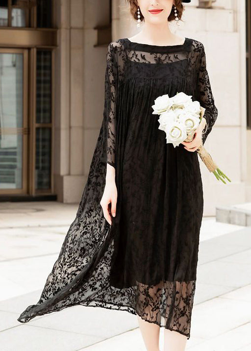 Handmade Black Square Collar Embroidered Silk A Line Dresses