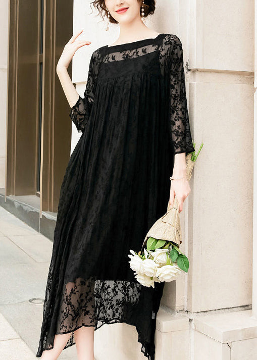 Handmade Black Square Collar Embroidered Silk A Line Dresses