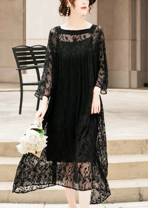 Handmade Black Square Collar Embroidered Silk A Line Dresses