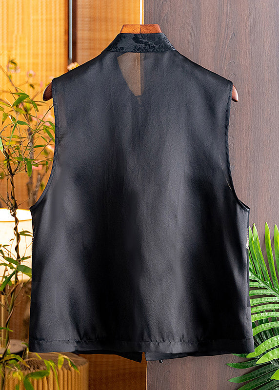 Handmade Black Stand Collar Embroideried Button Silk Cardigans Sleeveless