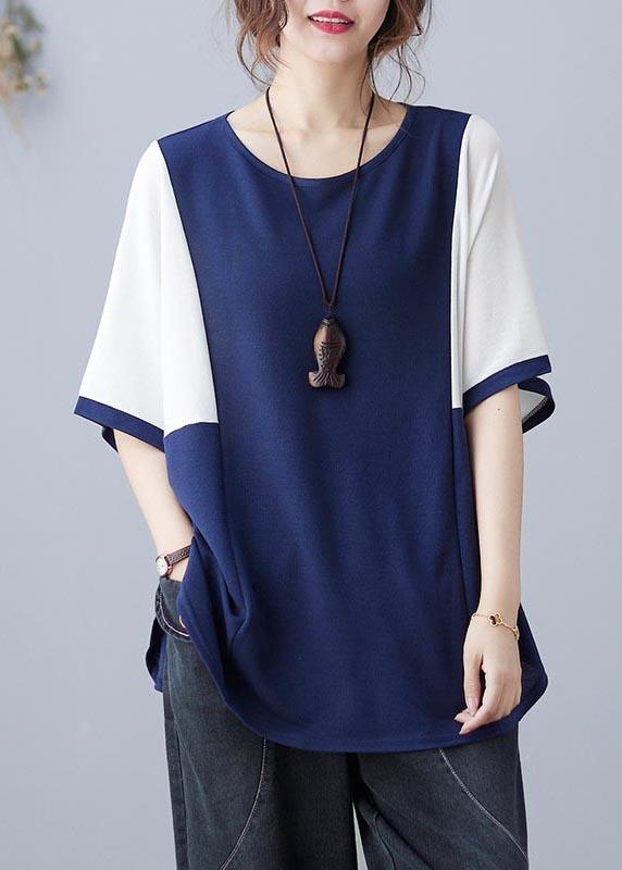 Handmade Blue Patchwork Batwing Sleeve Shirt Top Summer - Omychic