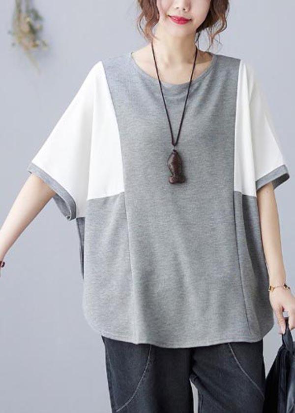 Handmade Blue Patchwork Batwing Sleeve Shirt Top Summer - Omychic