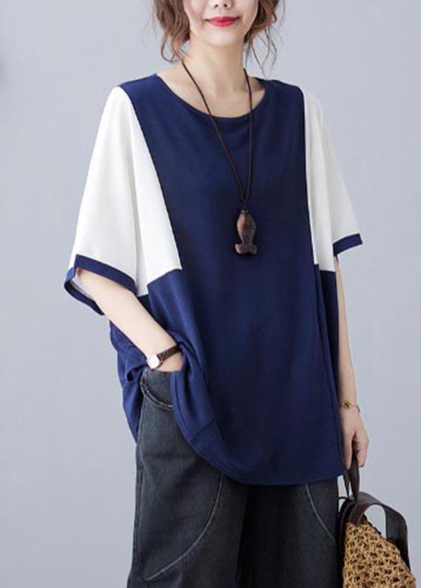 Handmade Blue Patchwork Batwing Sleeve Shirt Top Summer - Omychic