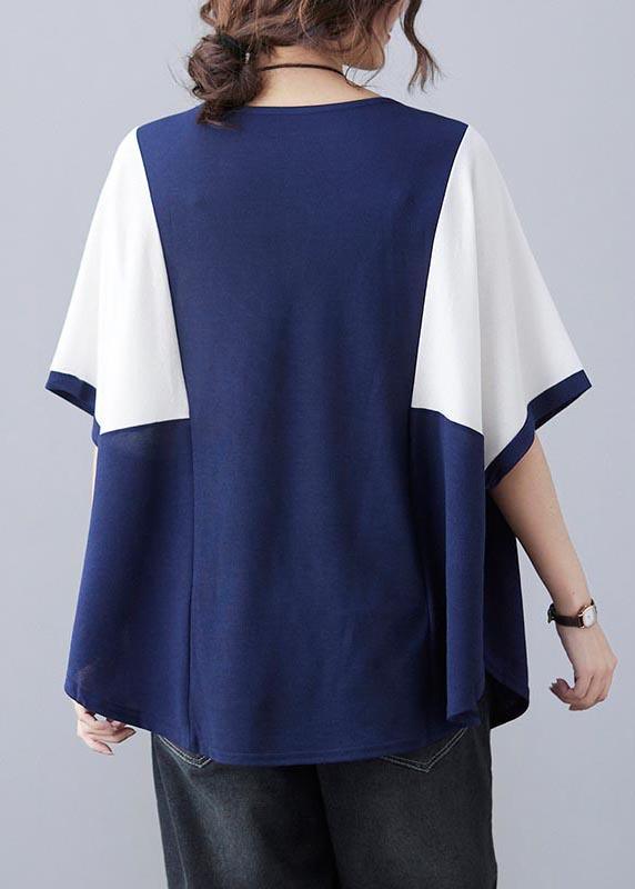 Handmade Blue Patchwork Batwing Sleeve Shirt Top Summer - Omychic