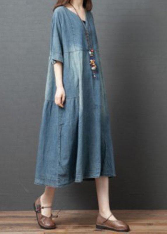Handmade Blue V Neck Button Patchwork Fall Denim Half Sleeve Maxi Dress - Omychic