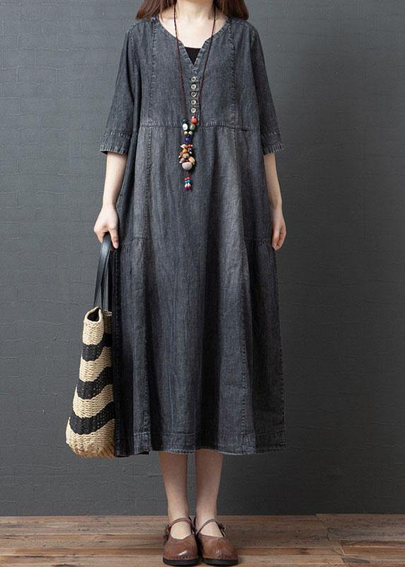 Handmade Blue V Neck Button Patchwork Fall Denim Half Sleeve Maxi Dress - Omychic