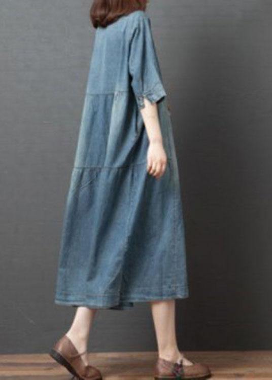 Handmade Blue V Neck Button Patchwork Fall Denim Half Sleeve Maxi Dress - Omychic