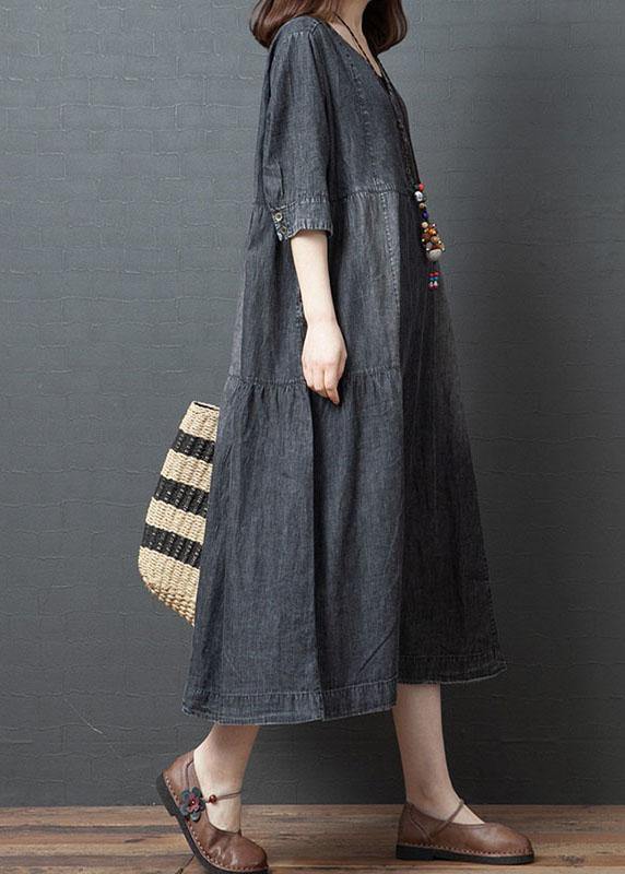 Handmade Blue V Neck Button Patchwork Fall Denim Half Sleeve Maxi Dress - Omychic