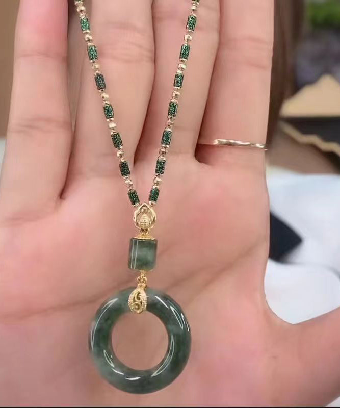 Handmade Green Alloy Gem Stone Ping Buckle Pendant Necklace