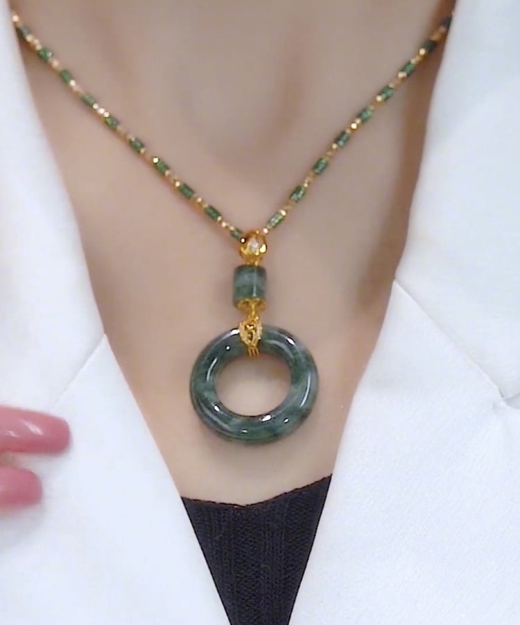 Handmade Green Alloy Gem Stone Ping Buckle Pendant Necklace