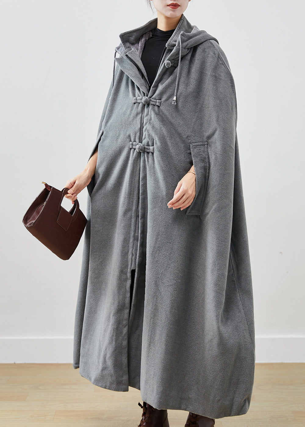 Handmade Grey Oversized Lengthen Warm Fleece Hooded Coat Cloak Sleeves