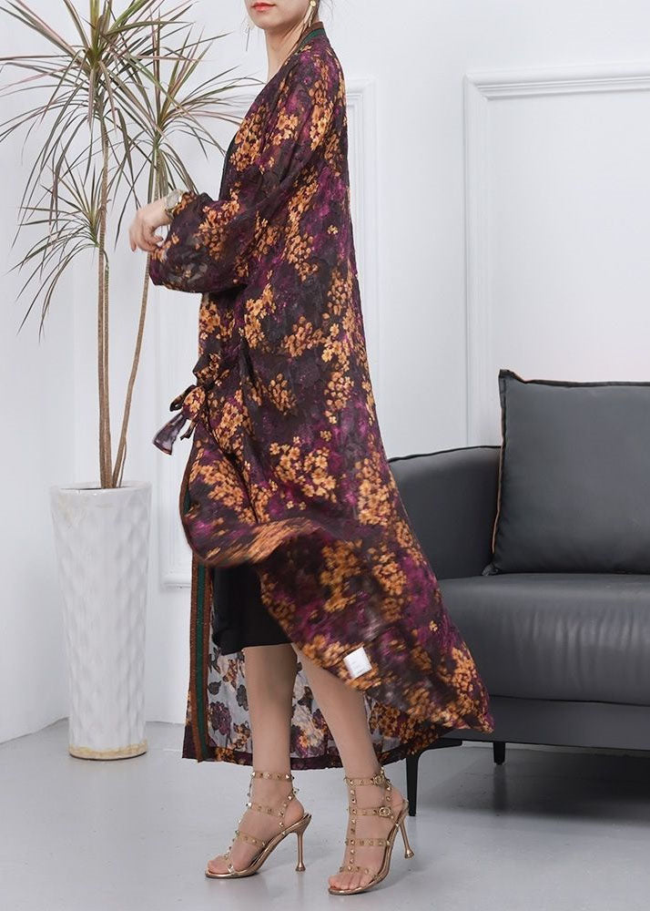 Handmade Purple Pockets Print Thin Silk Long Cardigan Spring