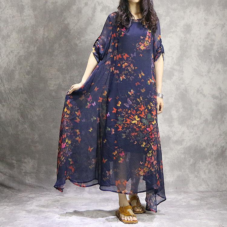 Handmade short sleeve silk Tunics Casual pattern blue prints Robe Dress summer - Omychic