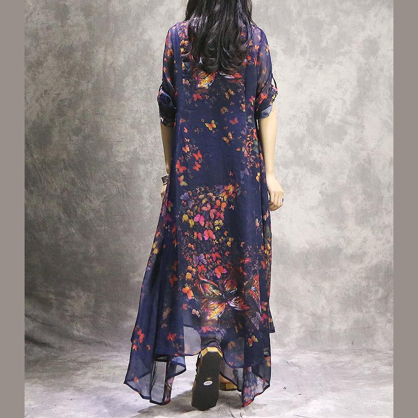 Handmade short sleeve silk Tunics Casual pattern blue prints Robe Dress summer - Omychic